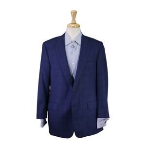 Hickey Freeman Blazer Traveler Royal Blue Windowpane Wool 2-Btn Sportcoat 44R